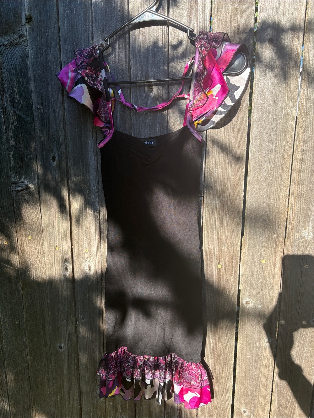bebe Bodycon Dress with Pink Floral Ruffle Details